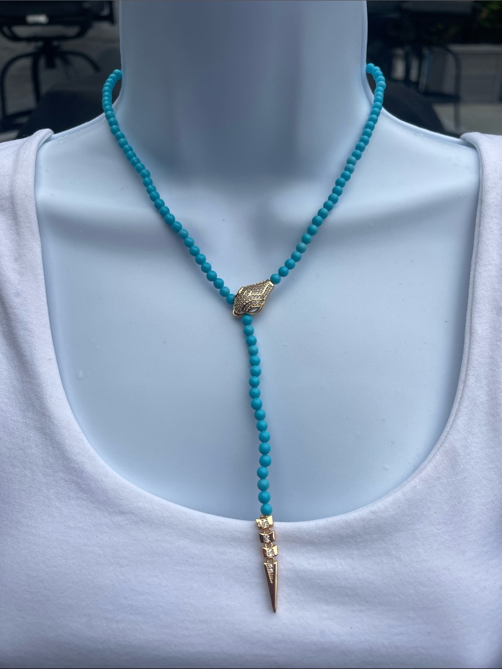 Blue turquoise necklace with adjustable snake plated yellow